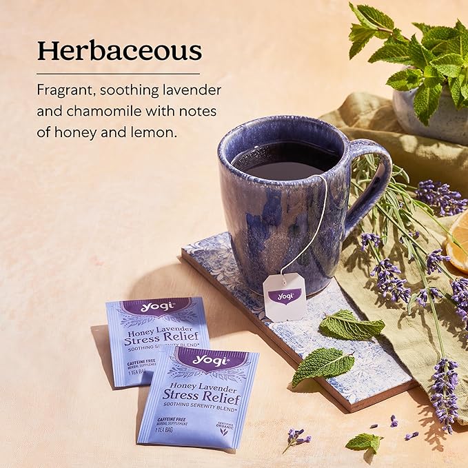 Yogi Tea Honey Lavender Stress Relief Tea - 16 Tea Bags per Pack (6 Packs) - Organic Chamomile Lavender Tea - Includes Lemon Balm, Lemongrass, Spearmint Leaf, Peppermint Leaf, Honey Flavor & More