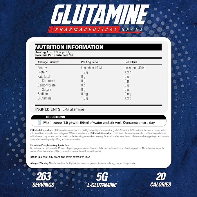 EHP Labs L Glutamine Powder Amino Acids - L-Glutamine, Workout Recovery, Immune Health & Gut Health Support (500g) - 100 Servings