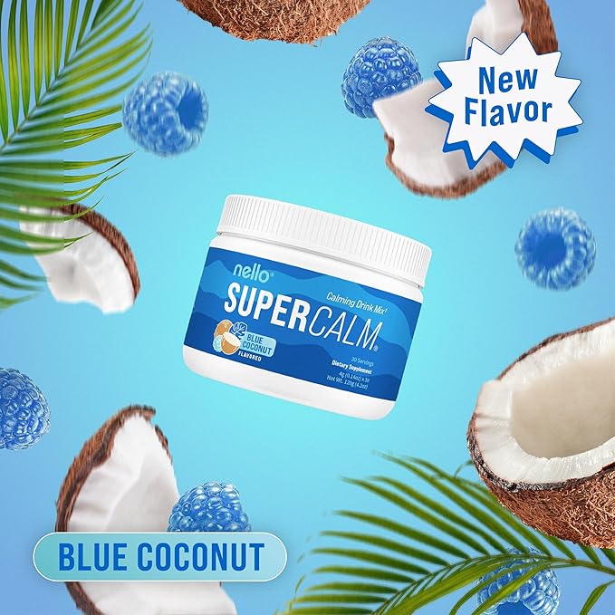Supercalm Powdered Drink Mix, Blue Coconut, L Theanine, Ksm-66 Ashwagandha, Magnesium Glycinate, Vitamin D 3, Supplements for Relaxation & Focus, No Sugar, Non GMO, On The Go, 30 Srvgs