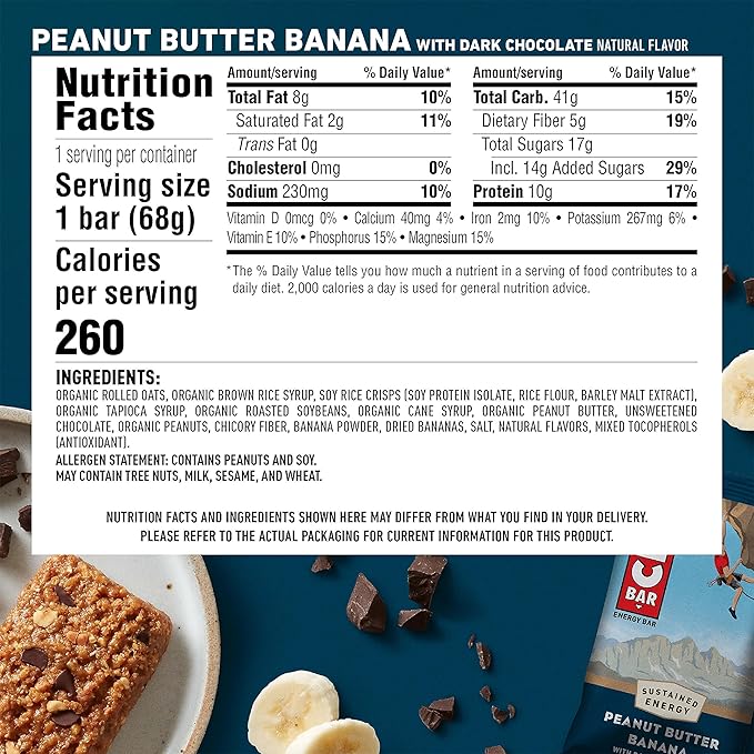 CLIF BAR - Peanut Butter Banana with Dark Chocolate Flavor - Made with Organic Oats - Energy Bars - Non-GMO - Plant Based Protein Bars (10 Pack)
