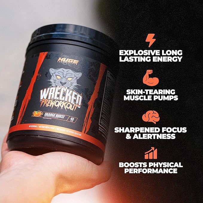 Huge Supplements Wrecked Pre-Workout, Advanced Formula, Boosts Energy, Focus, Pumps & Performance, 10g L-Citrulline, 6.4g Beta Alanine, 5g Tyrosine, 1g Alpha GPC, 375mg Fast-Acting Caffeine & More