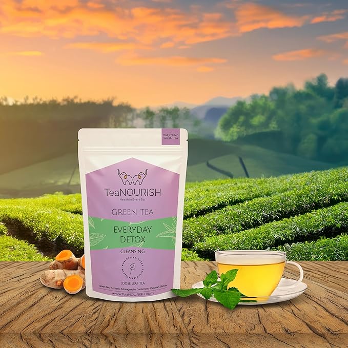 Everyday Detox Green Tea | Darjeeling Loose Leaf | 100% Natural Turmeric, Ashwagandha, Cardamom, Shatavari, Stevia | 50 Cups Hot Tea or Iced Tea - 3.53oz/100g