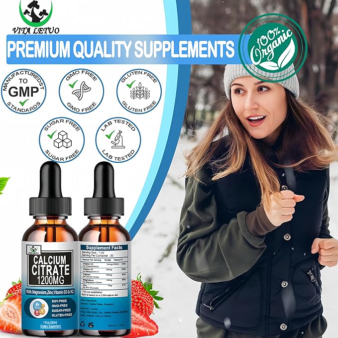 (2 Pack) Calcium Supplements for Women,Calcium 1200mg with Vitamin D3 Drops for Bone,Teeth,Colon,Cardiovascular Health,High Absorption Liquid Calcium Citrate Magnesium Plus Zinc Vitamin K2,Vegan