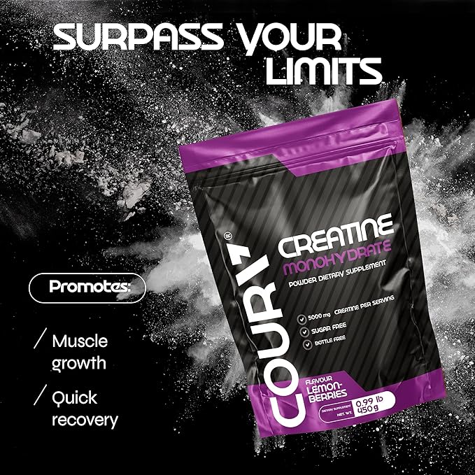 COURA Creatine Monohydrate Lemon-Berries Flavor - 450g - Sports Supplement - Strength and Endurance - Ideal for Intense Workouts - Gluten Free - Bottle Free