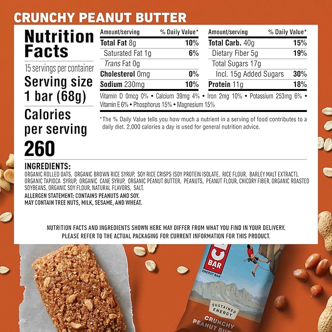 CLIF BAR - Crunchy Peanut Butter - Made with Organic Oats - Energy Bars - Non-GMO - Plant Based Protein Bars (15 Pack)