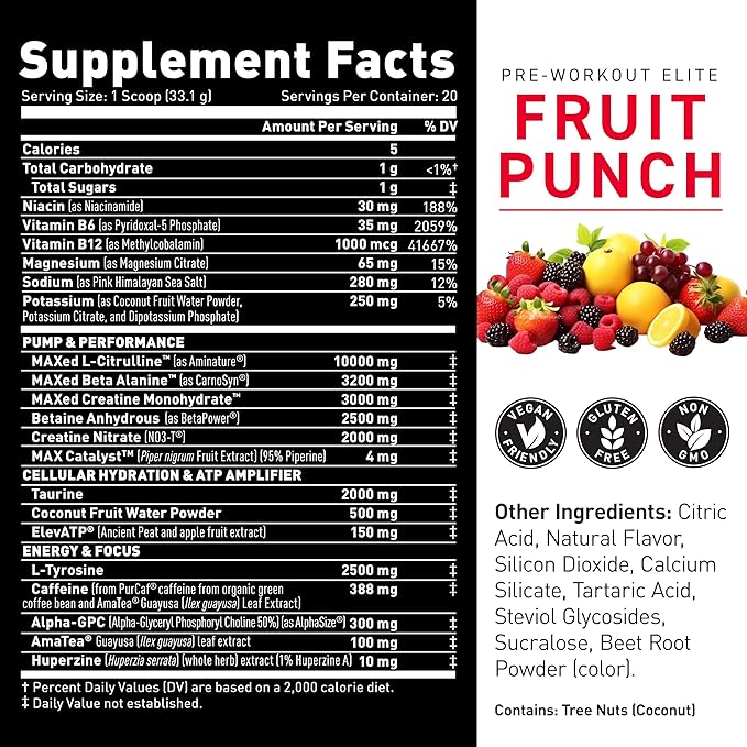 Kaged Pre Workout Powder Pre-Workout Elite for Men & Women, High Stimulant for Energy, Focus, Pumps, L-Citrulline, Beta Alanine, Creatine & 388mg of Organic Caffeine, Fruit Punch