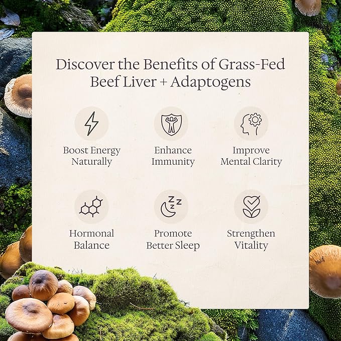 Enhanced Grass Fed Beef Liver with Reishi & Cordyceps Mushroom, Ginseng, Rhodiola - 4500mg Energy Production, Immune Support, Stress Relief, Total Body Wellness