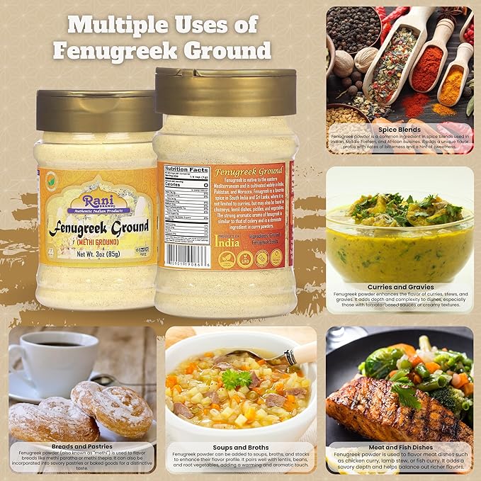 Rani Fenugreek (Methi) Seeds Ground Powder 3oz (85g) PET Jar, Trigonella foenum graecum ~ All Natural | Vegan | Gluten Friendly | Non-GMO | Kosher | Indian Origin, used in cooking & Ayurvedic spice