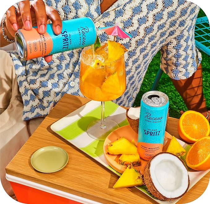 Recess Zero Proof Craft Mocktails, Alcohol Free Drinks, With Adaptogens, Non-Alcoholic Beverage Replacement, Mixer, Celebration, Party, (Island Spritz, 12oz, Pack of 12)