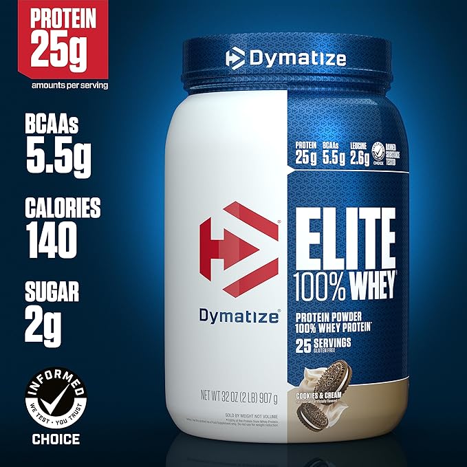 Dymatize Elite 100% Whey Protein Powder, Cookies & Cream, 25g of Protein, 25 Servings, 5.5g BCAAs, Less Than 140 Cal., Gluten Free, 3g Carb, 2g Sugar, 3g Fat