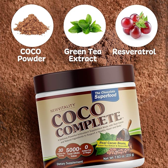 Coco Complete by New Vitality – Immune System and Boosting Superfood Powder Supplement, Energy Support, Sugar Free, Real Cocoa Powder & Green Tea Extract, Chocolate Flavor, 30 Servings