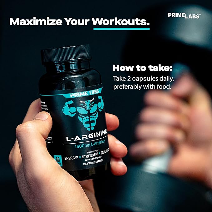 Prime Labs Prime Test Testosterone Booster + L Arginine Nitric Oxide Capsules - 60 Count Each