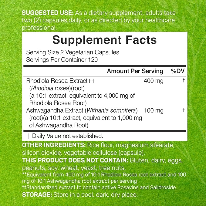 DEAL SUPPLEMENT Rhodiola Rosea with Ashwagandha 5,000mg Per Serving, 240 Veggie Capsules – Max Strength 10:1 Root Extract – Adaptogenic Supplements for Relaxation, Energy, & Brain Health – Non-GMO