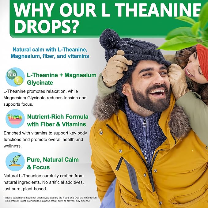 L Theanine Drops, Liquid L-Theanine Supplement 200mg w/Magnesium Glycinate,Vitamins,Fiber for Relaxation,Sleep,Digestion, Calm,High Absorption Mood Support for Adults & Kids,Plant Based,Non-GMO