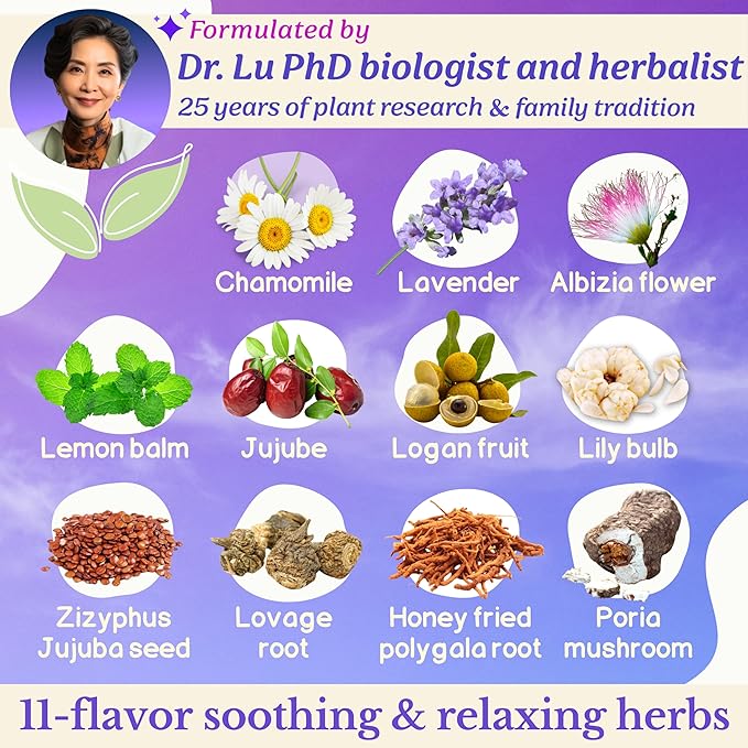 Dr. Lu’s Happy Sleep Tea | 100% Natural Calming Tea for Stress Relief | Bedtime Tea for Fast, Deep, Restful Sleep | Handcrafted Sleepy Tea with Chamomile, Lavender, Lemon Balm & 8 More Relaxing Herbs