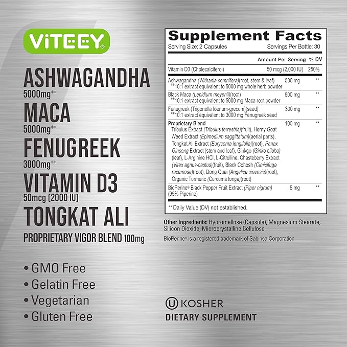 Viteey Ashwagandha 5000mg, Black Maca Root 5000mg, Fenugreek 3000mg, Vitamin D3 2,000 IU with Tongkat Ali & Proprietary Vigor Blend 100mg - Calm, Relax, Mood Support for Women & Men - 60 Capsules