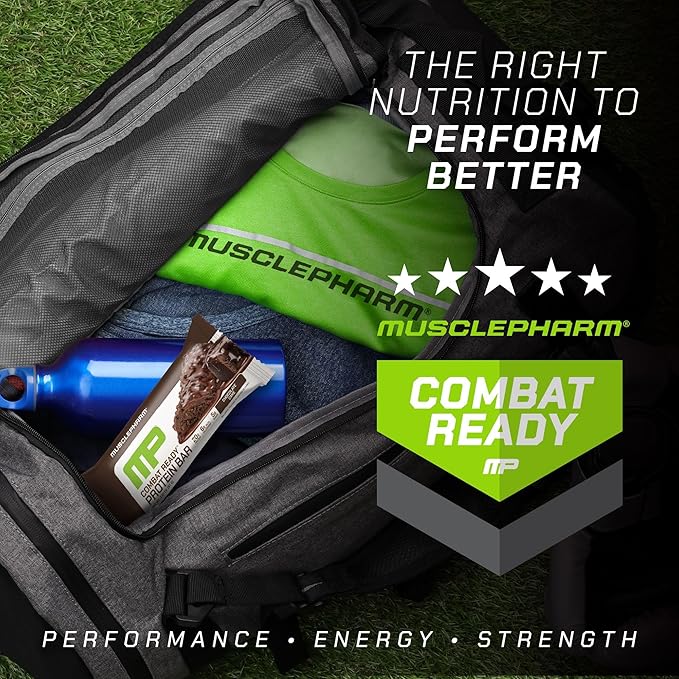 MusclePharm Combat Ready Chocolate Cake Protein Bars, High Protein Bars, Combat Cravings, Fuel Performance & Meet Energy Demands, 20g Protein from Whey Protein, 5g Fiber, Gluten Free, 4 Bars