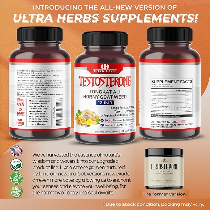 Ultra Test Capsule 12 in 1 Complex with L-Arginine, Fadogia Agrestis, Tribulus Terrestris, Maca Root, Beetroot, L-Citrulline, Creatine - USA Made (90-Day Supply)