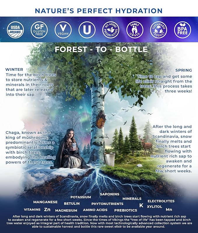 100% USDA Organic Birch Tree Sap – Electrolytes, Minerals, Prebiotics & Vitamins, Sustainable Product of Finland, BPA-Free Tetra Pak, Nature’s Perfect Hydration, Lower Calorie than Coconut Water