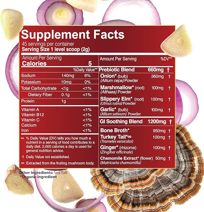 One Farm Superfood Powder Gut Health, Organic Gut Soothing Blend and Prebiotic Blend, Non-GMO, Prebiotics with Bone Broth, Turkey Tail Mushroom, Slippery Elm, and Marshmallow Root for GI Health