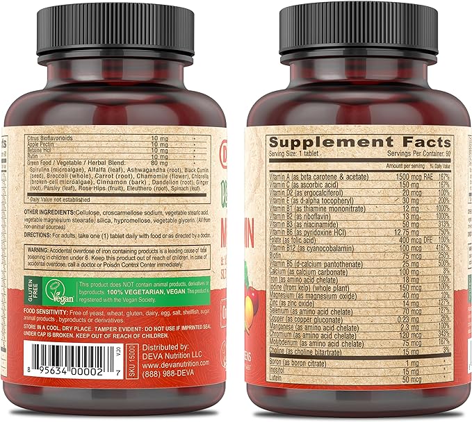 DEVA Vegan Multivitamin & Mineral Supplement with Iron 2-Pack, Spirulina, Chlorella, Ashwagandha, Broccoli & More, 90 Coated Tablets Each