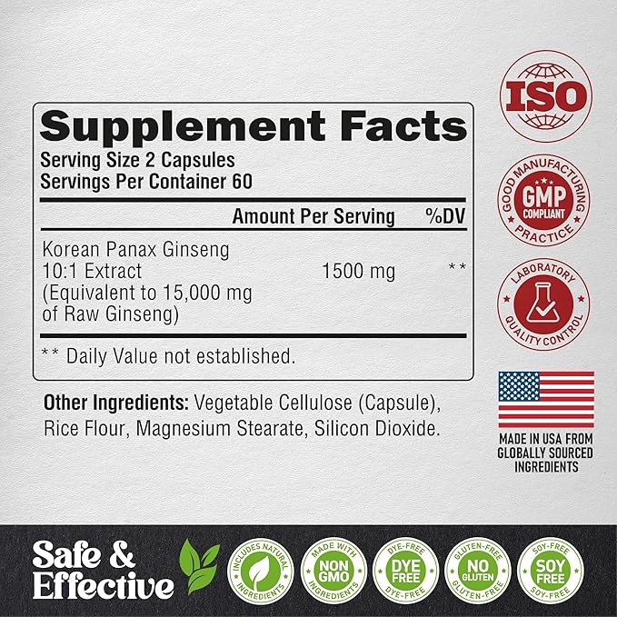 Panax Ginseng 15,000 mg - Red Korean Ginseng Supplement for Men - Extra Strength 10:1 Extract - Energy, Focus, Productivity & Performance - Natural & Vegan - Made in USA - 120 Capsules, 2 Month Supply