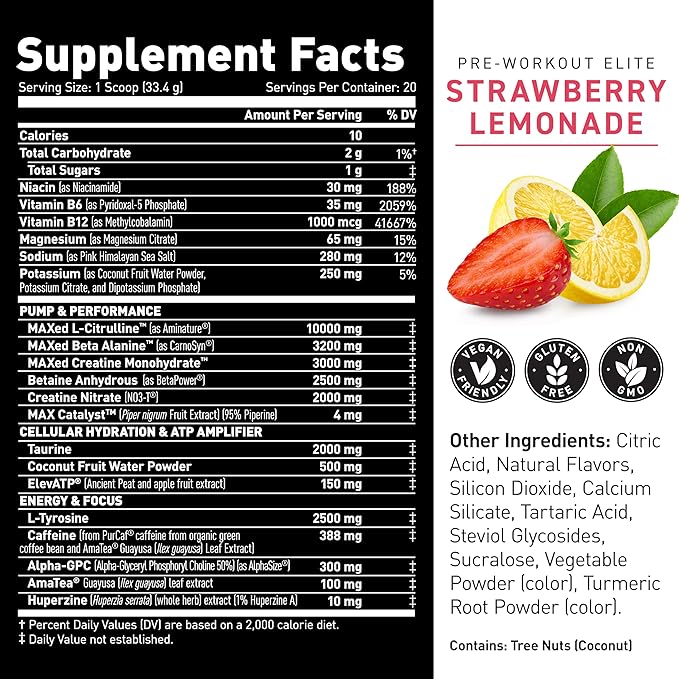 Kaged Pre Workout Powder Pre-Workout Elite for Men & Women, High Stimulant for Energy, Focus, Pumps, L-Citrulline, Beta Alanine, Creatine & 388mg of Organic Caffeine, Strawberry Lemonade