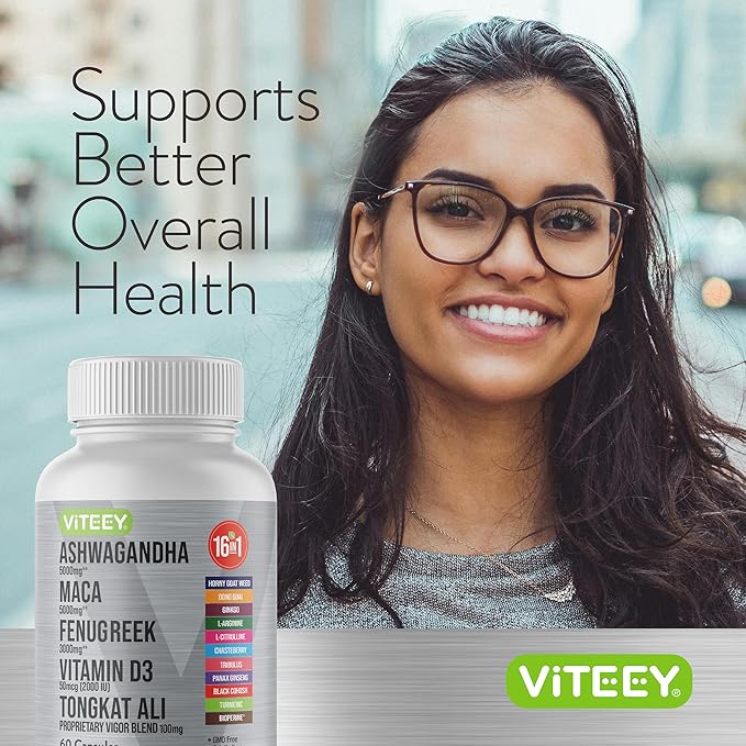 Viteey Ashwagandha 5000mg, Black Maca Root 5000mg, Fenugreek 3000mg, Vitamin D3 2,000 IU with Tongkat Ali & Proprietary Vigor Blend 100mg - Calm, Relax, Mood Support for Women & Men - 60 Capsules