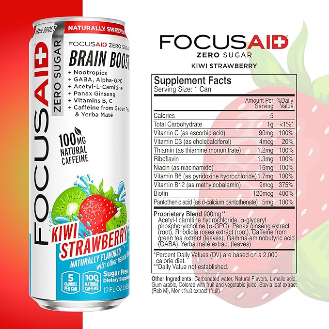 FOCUSAID ZERO SUGAR Nootropics Blend, Alpha-GPC, GABA, 100mg Natural Caffeine from Green Tea, Yerba Mate, Vitamin B-Complex, Keto-Friendly, No Artificial Sweeteners, 12 Fl Oz (Pack of 24)