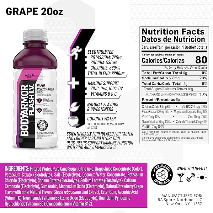 BODYARMOR Flash I.V. Electrolyte Beverage, Grape, Hydration Drink with Coconut Water For Rapid Rehydration, Post Workout Recovery, 20 Fl Oz (Pack of 12)