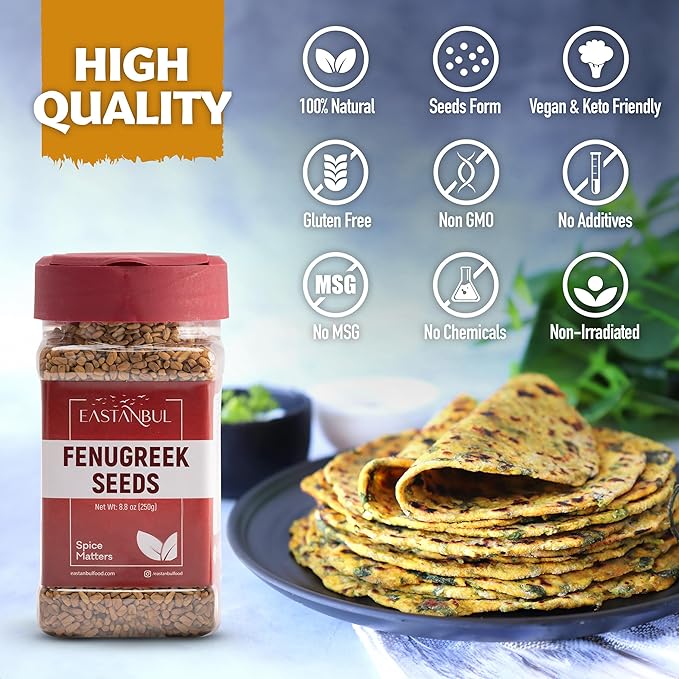 Eastanbul Fenugreek Seeds, 8.8oz, Methi Seeds AKA Fenogreco en Semillas,%100 Natural Fenugreek Seed for Hair Growth, Fungeek Spice For Tea, Seasoning & Sprouting, Vegan, Non GMO