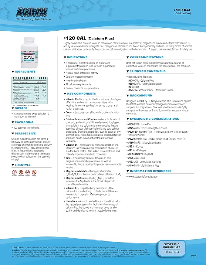 Systemic Formulas Cal Calcium Plus 100 Capsules Bio Nutriment #120. Highly Bioavailable Calcium with Vitamin D3 and K2, Zinc, Manganese, Strontium and Boron.