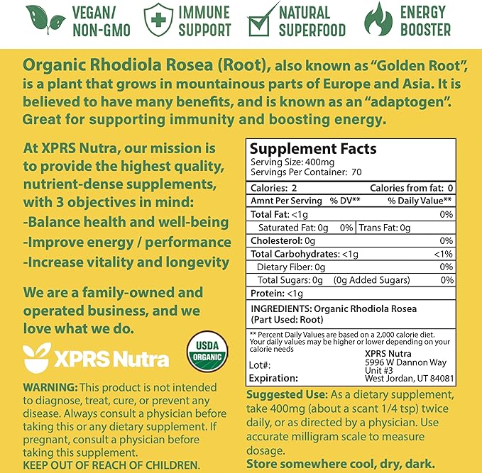 XPRS Nutra Organic Rhodiola Rosea Powder - Premium USDA Organic Rhodiola Powder for Cognition and Relaxation - Vegan Friendly Energy Booster (1 oz)