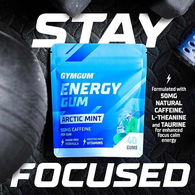 GYMGUM Energy Caffeine Gum | 50mg Caffeine | Sugar-Free, Keto-Friendly | Fast-Acting Energy & Focus Gum with Guarana & L-Theanine (40 Count, Arctic Mint)