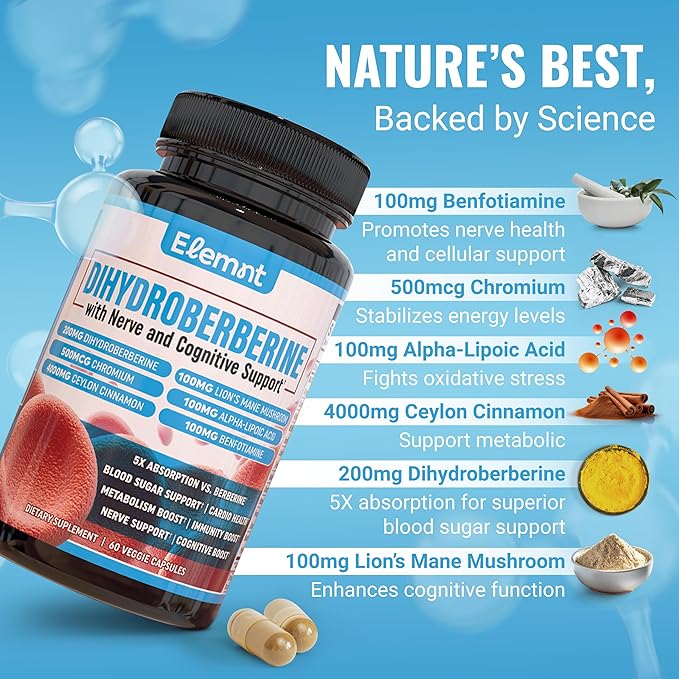 Super berberine 200mg Dihydroberbeine (GlucoVantage®) with 10:1 Ceylon Cinnamon, Alpha lipoic, Benfotiamine,10:1 Lions Mane Mushroom, Fenugreek, Chromium, Bitter Melon and others for your health.