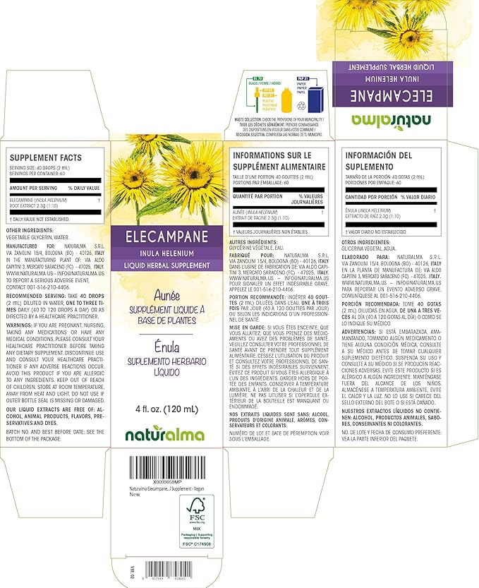 Naturalma Elecampane (Inula helenium) Root Alcohol-Free Tincture - 4 fl oz Liquid Extract in Drops - Herbal Supplement - Vegan