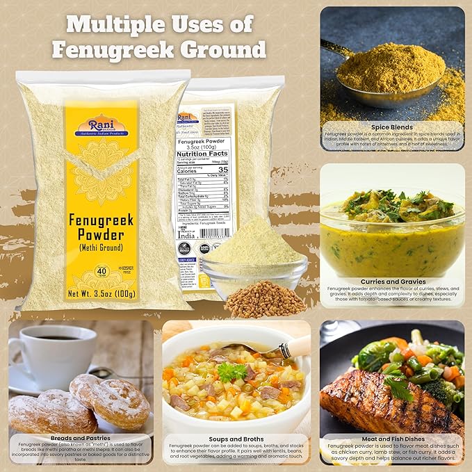 Rani Fenugreek (Methi) Seeds Ground Powder 3.5oz (100g) Trigonella foenum graecum ~ All Natural | Vegan | Gluten Friendly | Non-GMO | Kosher | Indian Origin, used in cooking & Ayurvedic spice