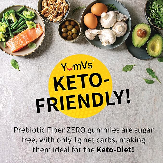 Prebiotic Fiber Zero Gummies for Kids by YumVs | Keto Sugar Free Gummy Chews for Toddlers |4g Fiber for Children Constipation Support | Natural Kosher Halal Berry Chewable 70 Count