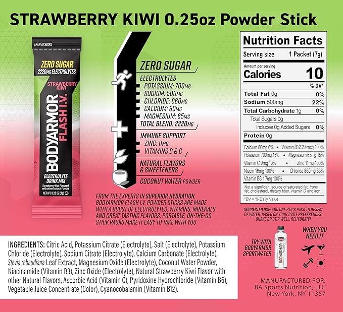 BODYARMOR Flash IV Electrolyte Packets, Strawberry Kiwi - Zero Sugar Drink Mix, Single Serve Packs, Coconut Water Powder (15 Count)
