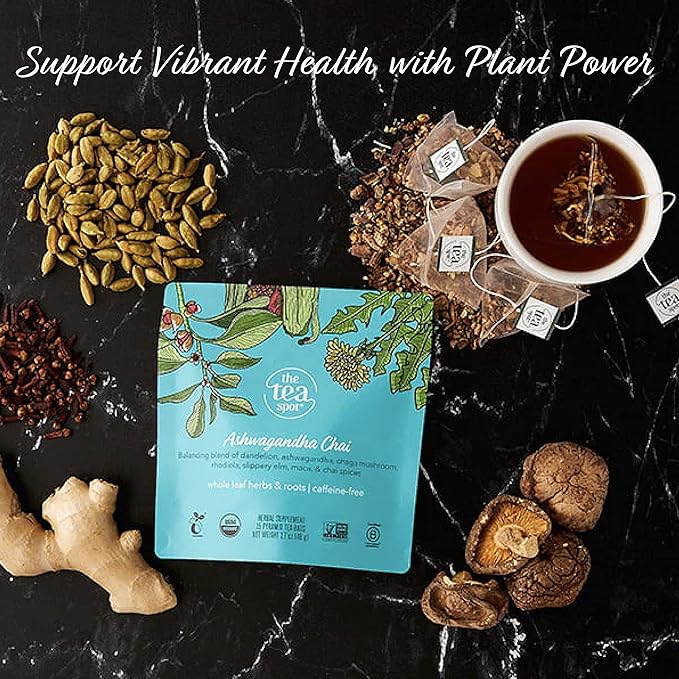 The Tea Spot Organic Ashwagandha herbal tea with Adaptogen for immune support & stress management | Blend of dandelion, chaga & Ashwagandha | No additives - 15 Tea Bags