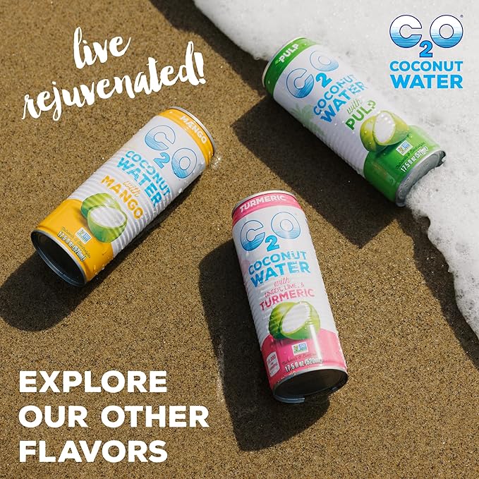 C2O - Coconut Water with Pulp (8 Pack) - Made with Fresh Coconut Water - Plant Based - Non GMO - Canned Water - Natural Hydration, Essential Electrolytes, & Potassium - 8 Cans, 16.3 FL OZ