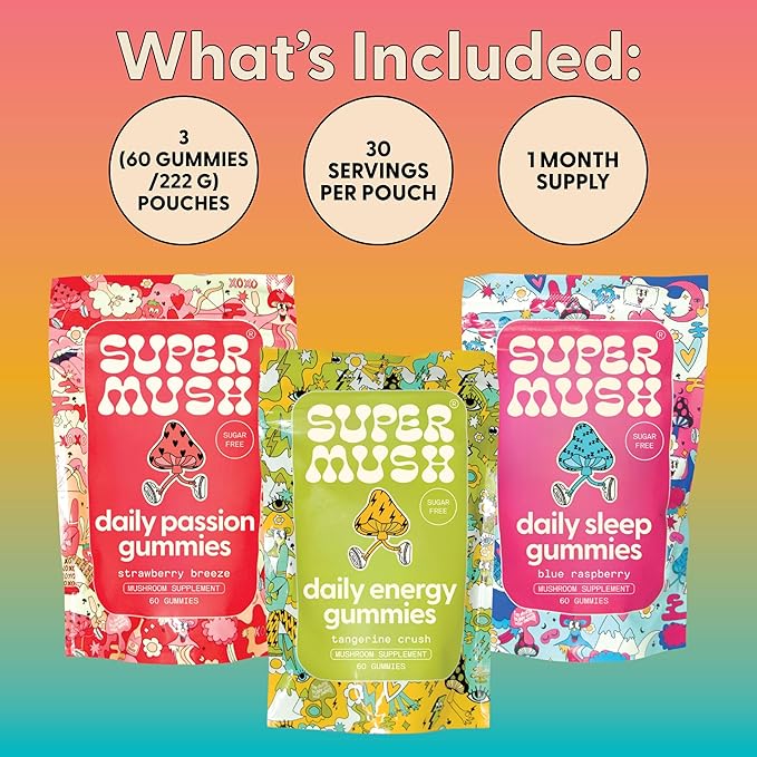 Daily Gummies (Trio Bundle) - Daily Passion, Energy, & Sleep - Mushroom Gummies - Natural, Organic, Vegan, & Sugar-Free Mushroom Supplement - Ashwagandha Supplements with Cordyceps