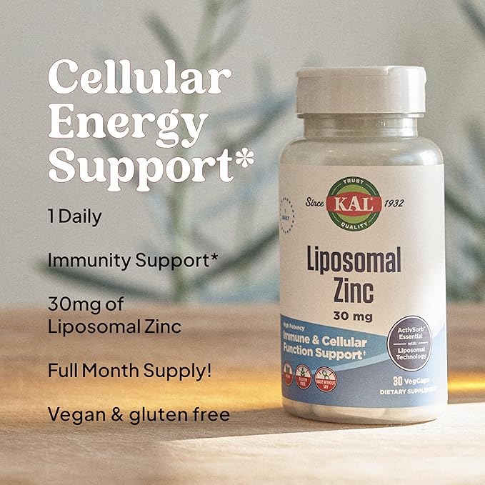 KAL Liposomal Zinc 30mg, Cellular Function and Immune Support Supplement, Enhanced Absorption Zinc Supplements, Vegan, Gluten Free, Soy Free, 30 Servings, 30 VegCaps
