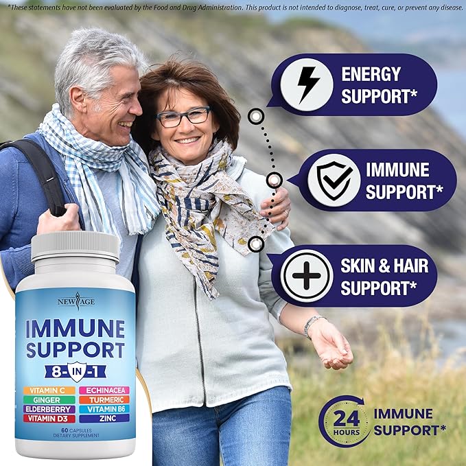 NEW AGE 8 in 1 Immune Support Booster Supplement with Echinacea, Vitamin C and Zinc 50mg, Vitamin D 5000 IU, Turmeric Curcumin & Ginger, B6, Elderberry 60 Count (Pack of 1)