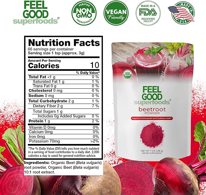 Feelgood Superfoods Fortified Organic Beetroot Powder - Nitric Oxide Booster for Cooking and Smoothies - Pure Beets with 10:1 Beet Root Extract - Supports Cardiovascular and Circulatory Health - 7 oz