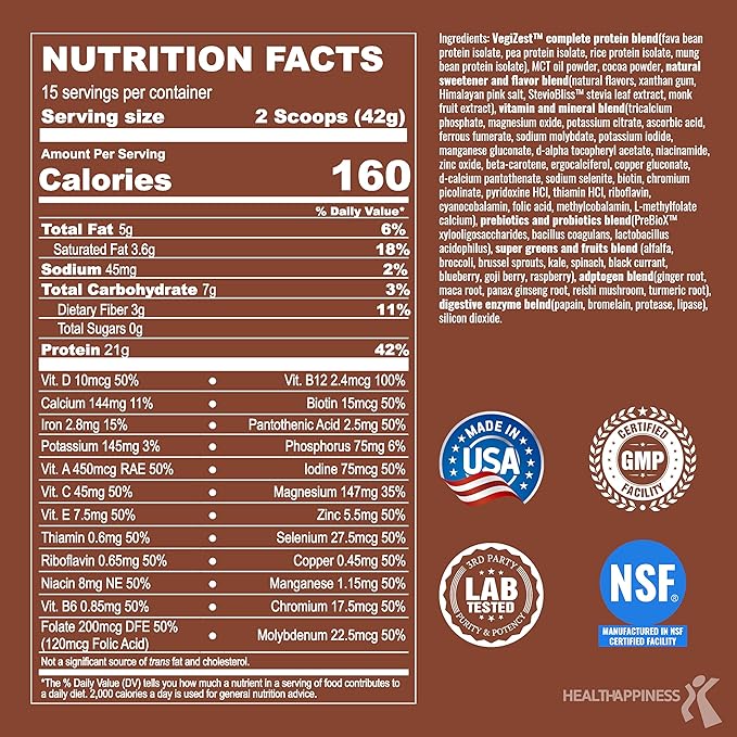 UpNourish Chocolate Vegan Protein Powder 54 Superfoods Powder,1.5 Billion CFU Probiotics 21g Plant Based Protein,No Sugar No Dairy No GMO Dairy Free,Meal Replacement Shake Keto-Friendly Low-Carb Diet,15 Servings
