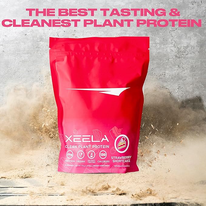 XEELA Plant Based Vegan Protein Powder - Independently Tested - 25g High Protein, Pea Protein for Men & Women - Vitamins & Minerals, Non GMO, Dairy & Gluten Free, LowCarb & LowFat (Strawberry Cake)