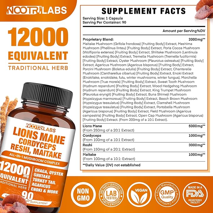 Mushroom Complex 12000mg Capsules - Lions Mane, Cordyceps, Reshi, Maitake - Nootropics Brain, Boosts Memory, Energy, Cognitive Function & Improves Focus, Immune System, Antioxidant - 90 Vegan Capsules