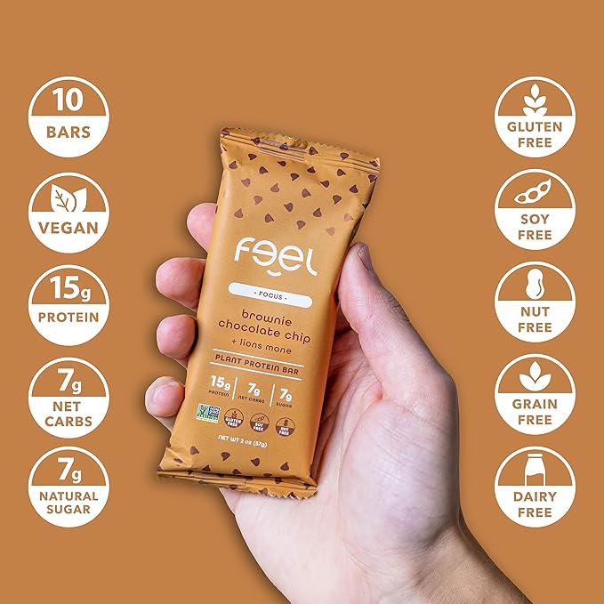 Feel Vegan Protein Bars | Brownie Chocolate Chip | Keto | Gluten Free | Organic | Lions Mane | 15g Plant Protein | Low Carb | High Protein | Dairy Free | Low Sugar | Grain Free | Nut Free | Soy Free | Non GMO - (Brownie Choco Chip, 10 Pack)