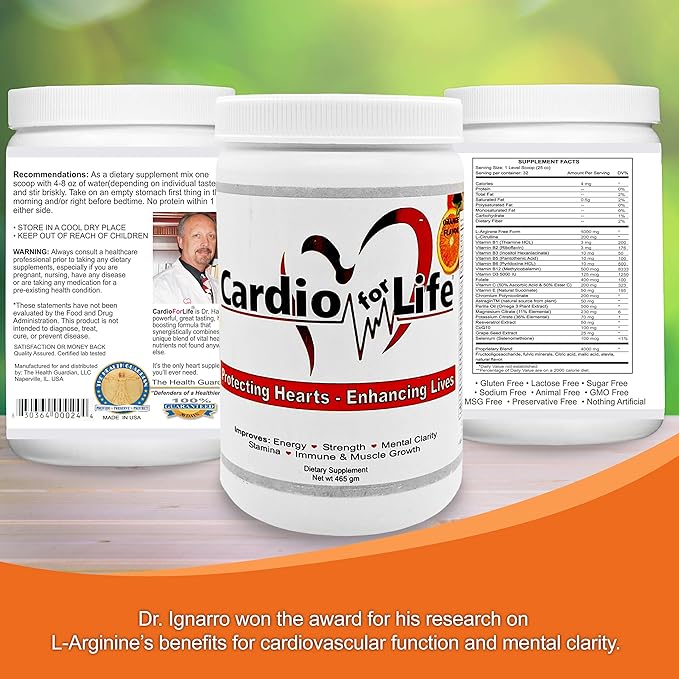 Cardio for Life L-Arginine Powder 16oz - Natural Nitric Oxide Supplement Cardiovascular Increase Energy - Orange